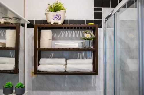 - Baño con estante y toallas en Luxury Apartment in center of Zagreb en Zagreb