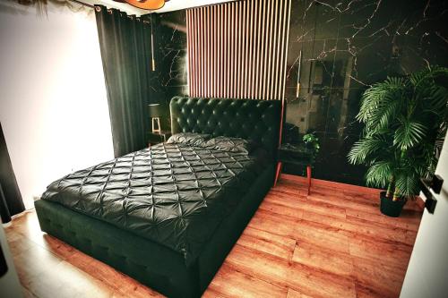 a black bed in a room with a plant at Jacuzzi Apartment in Baia Mare