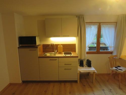 a small kitchen with a sink and a microwave at Haus Hubertus - Gästehaus Sahler in Partenen