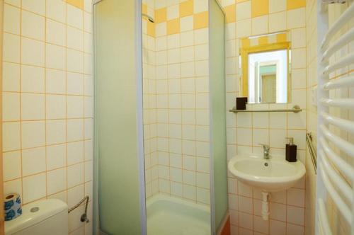 a bathroom with a shower and a sink and a toilet at Penzion-Apex in Kdyně