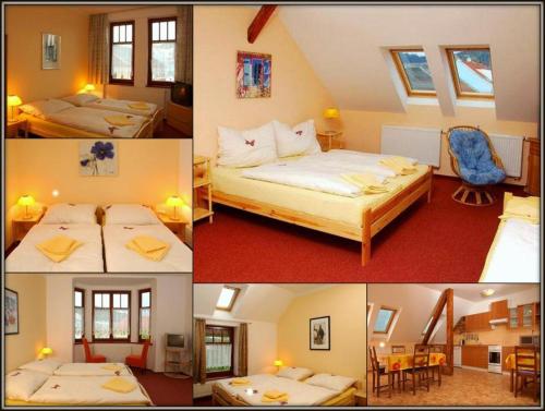 four pictures of a hotel room with two beds at Penzion-Apex in Kdyně