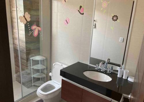 La salle de bains est pourvue de toilettes, d'un lavabo et d'une douche. dans l'établissement Bonito apartamento Cocha, à Cochabamba