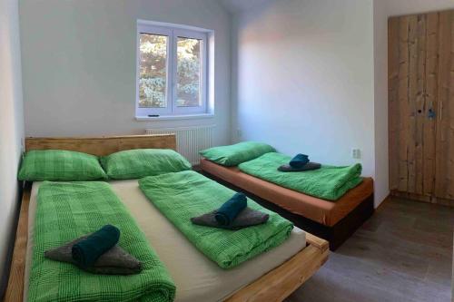 two beds in a room with green sheets and hats on them at Chata Mamutka-New in Loučná pod Klínovcem