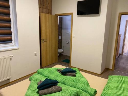 a bedroom with a green bed with pillows on it at Chata Mamutka-New in Loučná pod Klínovcem