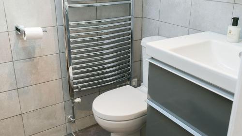 a bathroom with a white toilet and a sink at The Hideaway Beaumaris in Beaumaris