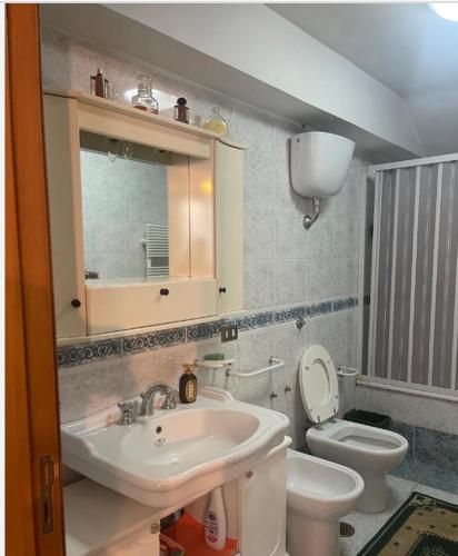 uma casa de banho com um lavatório, um WC e um espelho. em Mamma Rosaria em Pompeia