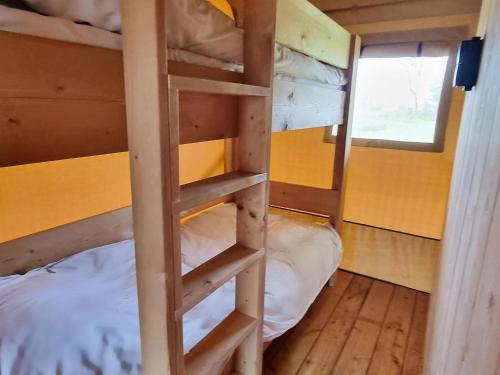 - łóżko piętrowe z drabiną w pokoju w obiekcie Luxury glamping with private bathroom near the Frisian waters w mieście De Veenhoop