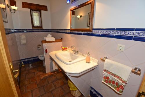 a bathroom with a sink and a mirror and a toilet at Hotel-Posada La Casa de Frama in Frama