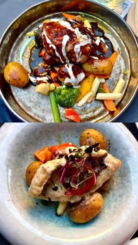 two pictures of plates of food on a table at Landhaus Hotel Neuss in Neuss