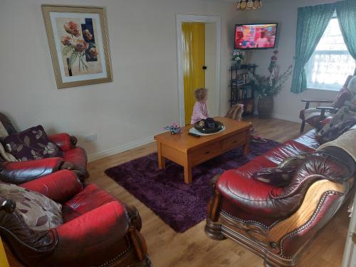a little girl is standing in a living room at Drumaneir Cottage in Carrickmore