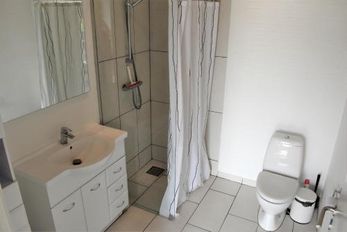 uma casa de banho com um chuveiro, um lavatório e um WC. em Kerteminde Byferie - Hyrdevej 83 - 85J em Kerteminde