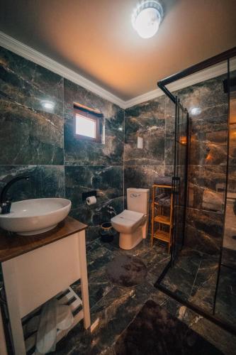 a bathroom with a sink and a toilet and a shower at Ginza Villa Sapanca in Sapanca
