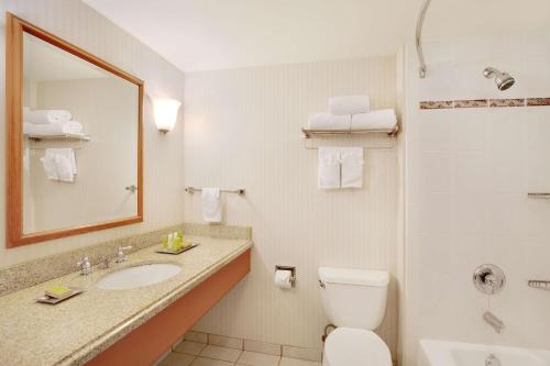 a bathroom with a sink and a toilet and a mirror at Hilton Seattle Airport & Conference Center in SeaTac