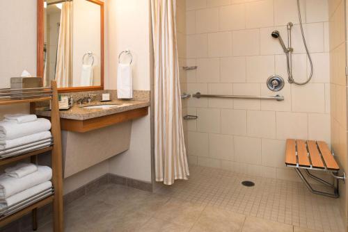 a bathroom with a shower and a sink at Hilton Seattle Airport & Conference Center in SeaTac