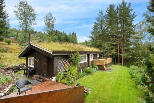 a small house with a grass roof at Gaulabua - cozy cabin by the river Gaula 