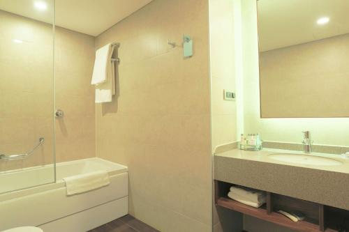 ein Badezimmer mit einem Waschbecken, einer Badewanne und einer Dusche in der Unterkunft Hilton Garden Inn Eskisehir in Eskisehir