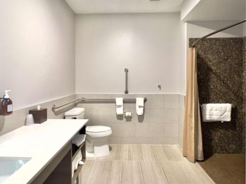 a bathroom with a toilet and a shower at The Oread Lawrence, Tapestry Collection by Hilton in Lawrence