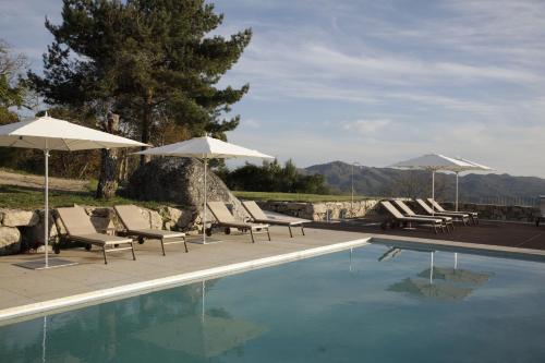 a swimming pool with lounge chairs and umbrellas next to it at Leiras do Tempo - Adults Nature Retreat - Cottages - Gerês National Park in Brufe