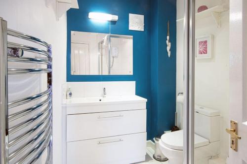 a bathroom with a white sink and a blue wall at Isis Lakes 84 - Tortola Lodge in South Cerney