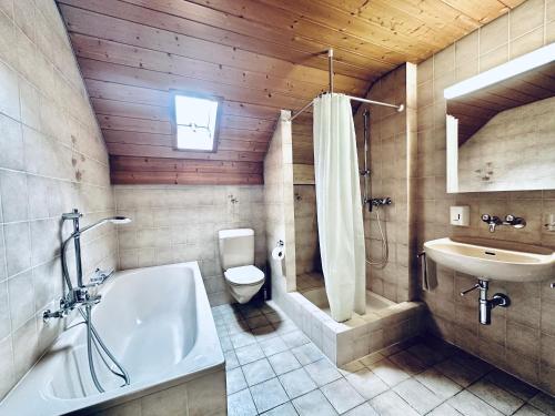a bathroom with a tub and a toilet and a sink at ZIMMERzuVERMIETEN in Günsberg Solothurn in Günsberg  