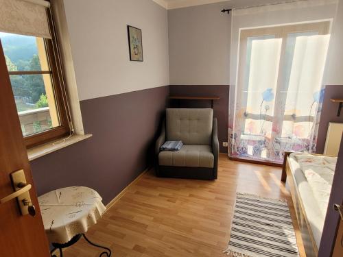 uma sala de estar com uma cadeira e uma janela em WILLA MONTE NEVE em Stronie Śląskie