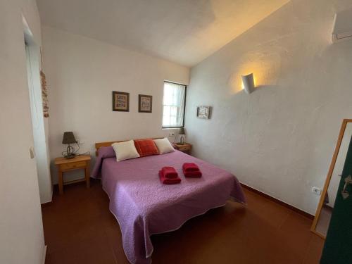 een slaapkamer met een paars bed met twee rode hoeden erop bij SA PUNTA GRAN A2 by SOM Menorca in Fornells
