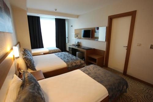 a hotel room with two beds and a television at Dies Hotel in Diyarbakır