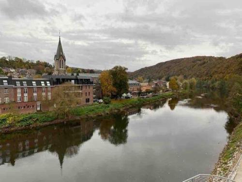 a view of a river with a town and a church at L’Echo de l’Ourthe - Tilff (Liège) in Tilff