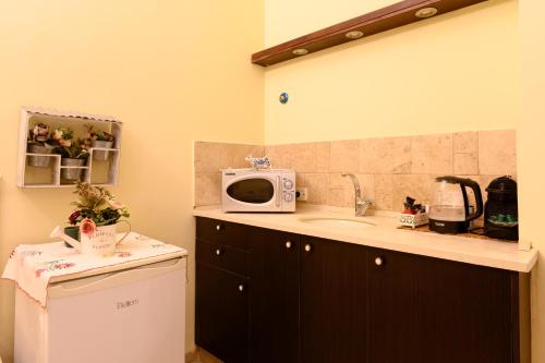 a kitchen with a sink and a microwave at My Place in the Colony in Zikhron Ya‘aqov