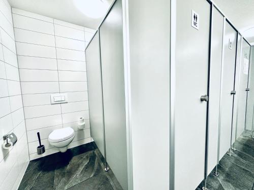 a bathroom with a toilet and a walk in shower at Monteurzimmer - Worker's accommodation - ZIMMERzuVERMIETEN in Deitingen Industriestrasse in Deitingen
