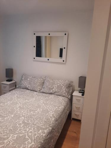 1 dormitorio con cama y espejo en la pared en Lovely Home with full en-suite double bed rooms en Reading