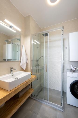 a bathroom with a sink and a glass shower at Heliades Residence in Kounoupidhianá