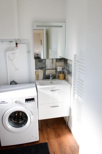 a bathroom with a washing machine and a sink at Le Forez Appartement 4 pers ou Studio 2 pers in Cuzieu