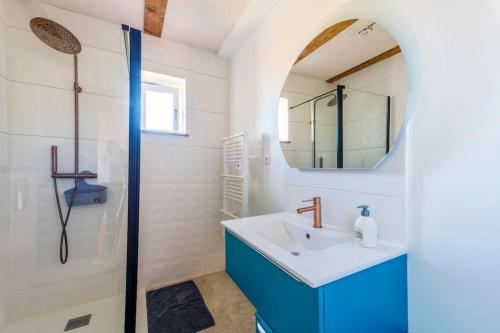 La salle de bains est pourvue d'un lavabo, d'un miroir et d'une douche. dans l'établissement Les Sarments du Beaujolais, calme proche Lyon, à Sarcey