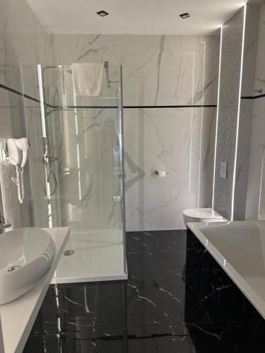 a bathroom with a shower and a sink at Diament i Brylant in Rawicz