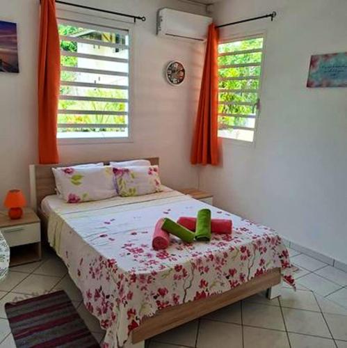 ein Schlafzimmer mit einem Bett mit grünen Schuhen darauf in der Unterkunft Maison d'une chambre avec piscine partagee terrasse amenagee et wifi a Petit Bourg in Petit-Bourg
