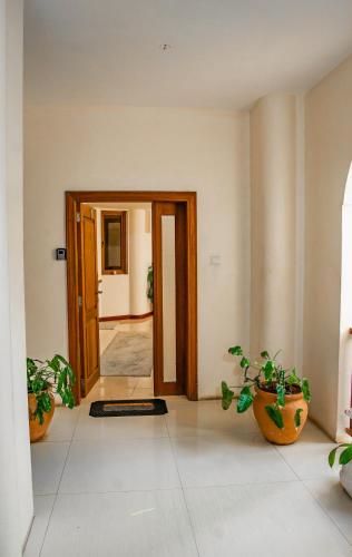 a room with two potted plants and an open door at ZaNaKri Homes ;A Great Panorama of Indian Ocean in Mombasa