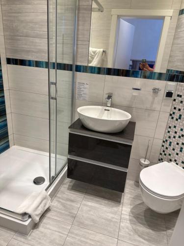 a bathroom with a sink and a toilet at Diament i Brylant in Rawicz