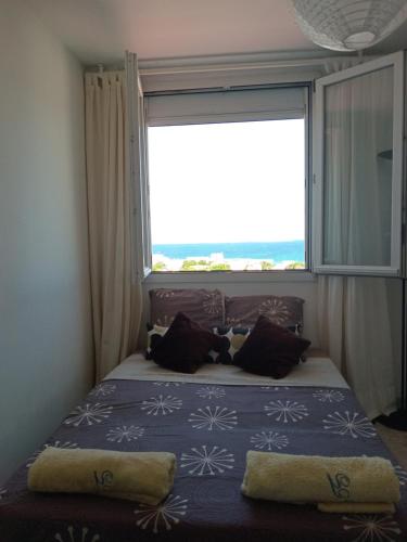 une chambre avec un lit avec une grande fenêtre dans l'établissement LES ISLES Panoramic Sea View, à Marseille