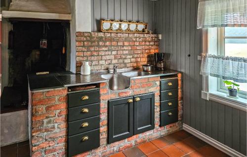 een keuken met een wastafel en een bakstenen muur bij Stunning Home In Eidsberg With Kitchen 