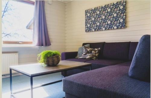 ein Wohnzimmer mit einem Sofa und einem Tisch in der Unterkunft Mösseberg Camping in Falköping