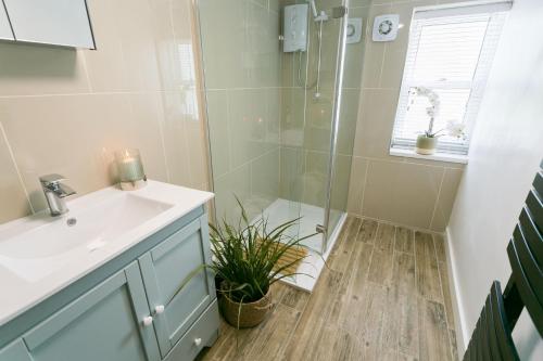 uma casa de banho com um lavatório e um chuveiro em Tyddyn Waen em Llanddona