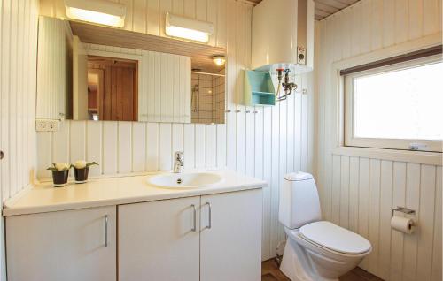 een badkamer met een wastafel, een toilet en een spiegel bij Lillebo in Brejning