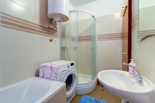 a bathroom with a washing machine and a sink at Apartman Erika in Senj