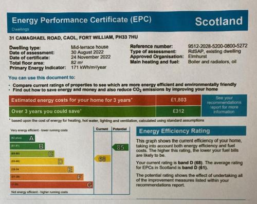 a sign for a energy performance certificate with energy efficiency ratings at Taigh Toilichte in Fort William