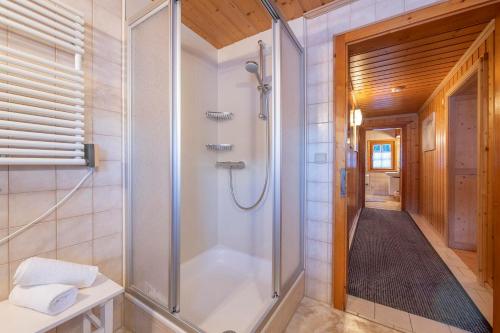 ein Bad mit einer Dusche und einer ebenerdigen Dusche in der Unterkunft Ferienhaus Blendolma in Sankt Gallenkirch