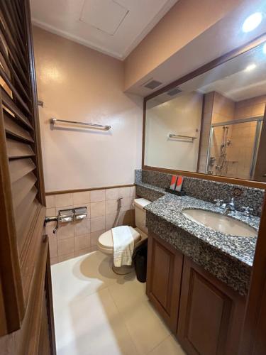 uma casa de banho com um lavatório, um WC e um espelho. em Private Unit at The Camp John Hay Manor em Baguio