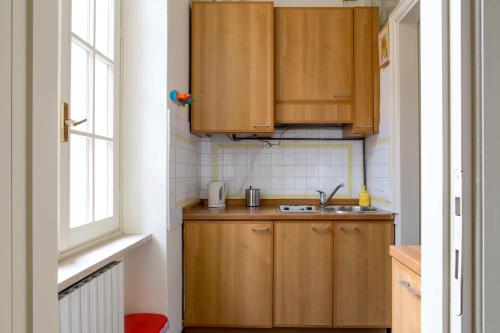 a small kitchen with wooden cabinets and a sink at APPARTAMENTO GALLO in Brescia