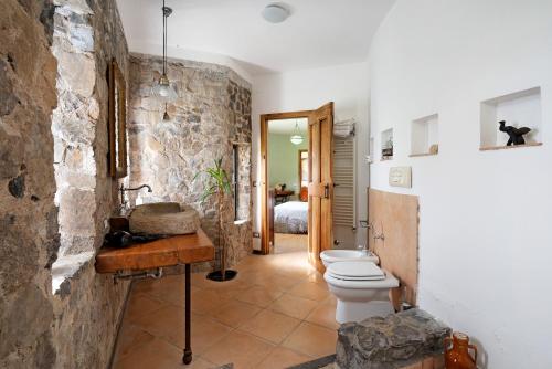 a bathroom with a toilet and a stone wall at Dependance in Costiera Amalfitana in Cava deʼ Tirreni
