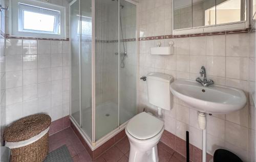 een badkamer met een toilet, een wastafel en een douche bij Beautiful Home In Tzummarum With Outdoor Swimming Pool in Tzummarum